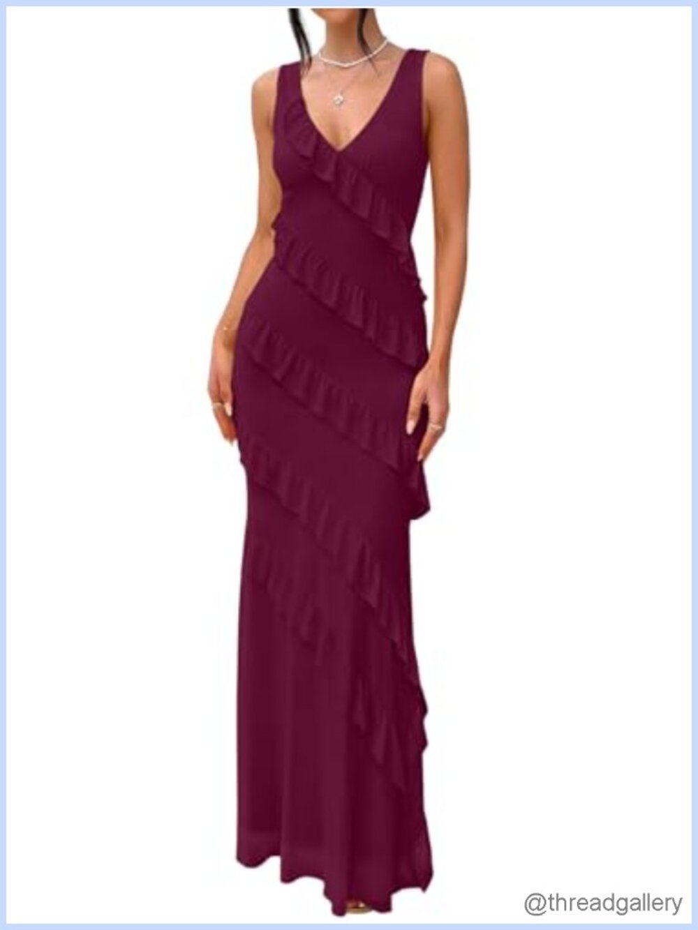 Womens V Neck Mesh Ruffle Maxi Cocktail Wedding Guest Dress